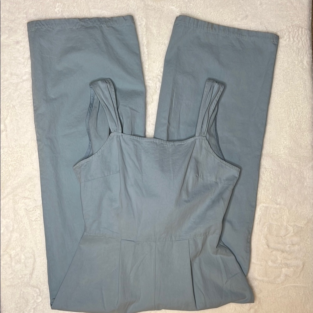 Women's Cotton Chambray Open Back Tie Wide Leg Jumpsuit Size S